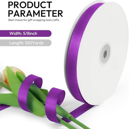 5/8 Inch 100 Yards Satin Ribbon Purple, Solid Color Fabric Ribbon for Gift Wrapping, Wedding, Polyester Gift Ribbon for Birthday Party Decoration, Craft, Hair, Floral, Sewing
