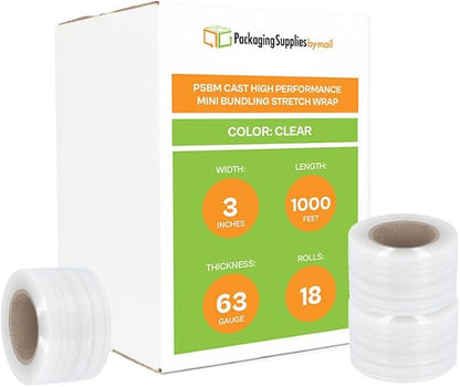 PSBM Mini Stretch Wrap with Handle, 18 Pack, 3 Inch x 1000 Feet, 63 Gauge, Clear High Performance Small Plastic Cling Film for Pallets Moving Storing