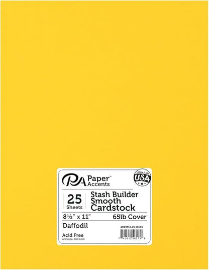 Accent Design Paper Accents Stash Builder Cardstock 8.5" x 11" Daffodil, 65lb colored cardstock paper for card making, scrapbooking, printing, quilling and crafts, 25 piece pack