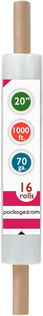 PackageZoom 20 inch x 1000 Feet Stretch Wrap Extended Core Handle, Clear Stretch Film, 16 Rolls