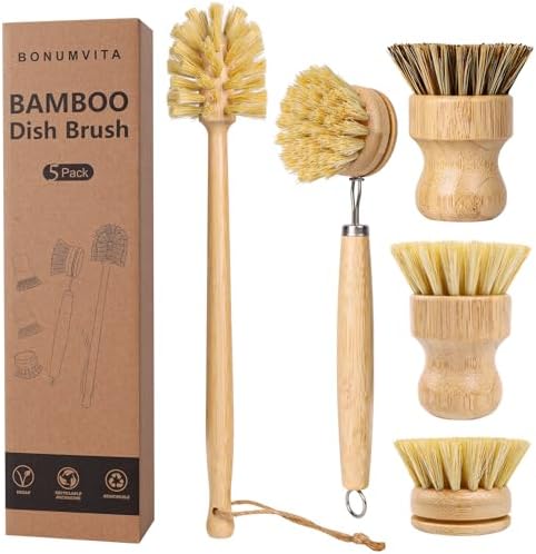 5 Pack Bamboo Dish Brush Set by BONUMVITA