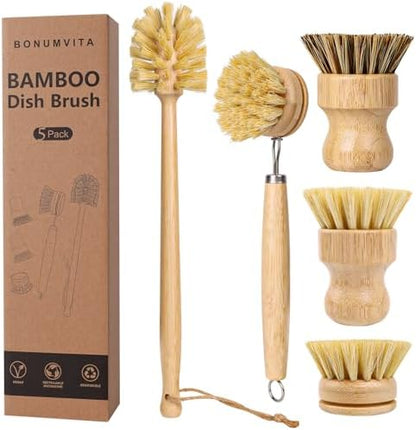 5 Pack Bamboo Dish Brush Set by BONUMVITA