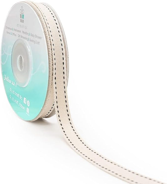 CT CRAFT LLC Ivory Cotton Black Stitched Ribbon 3/8" x 10 Yards for Home Décor Gift Present Wrapping DIY Crafts Birthday Wedding Bouquet Christmas