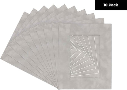 Pack of Ten Acid Free 8x10 Mats Bevel Cut for 6x8 Photos - Light Grey Suede Precut Matboards With Backing Boards and Self Seal Photo Mat Bags For Pictures, Photos, Framing - 4-ply Thickness