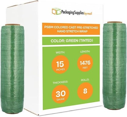 PSBM Green Stretch Wrap, 15 Inch x 1476 Feet, 8 Pack, Tinted Pre-Stretched Shrink Wrap Film for Moving, Packaging, Pallet Wrapping