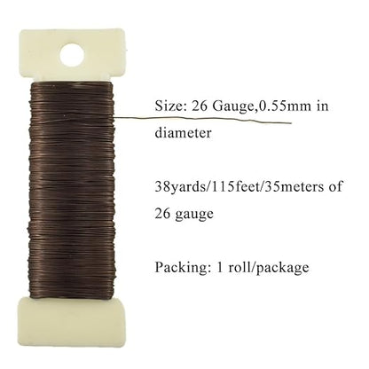 HAHIYO 26Gauge Coffee Color Metal Floral Wire - 1 Roll, 38 Yards (115 Feet) - Flexible Paddle Wire for Craft, Christmas Wreath, Flower Arrangement, Bouquet Wrapping, Wedding, DIY