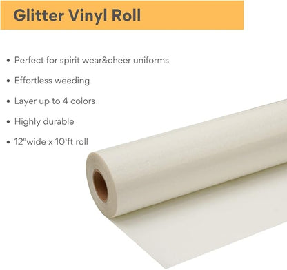White Glitter HTV Roll -12" x10ft Iron on Heat Transfer Vinyl for DIY Shirts Gifts