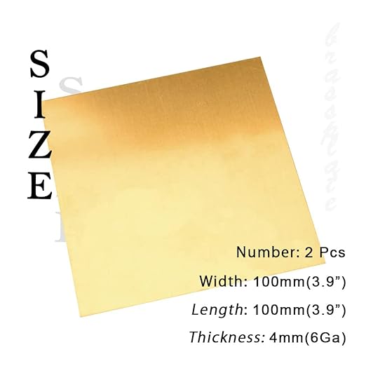 6 Gauge Brass Sheet，H62 Brass Plates Metal 0.157" Thickness x 3.9" Width x 3.9" Lenght, for Models, Crafts, Repairs, Electrical, 2Pcs