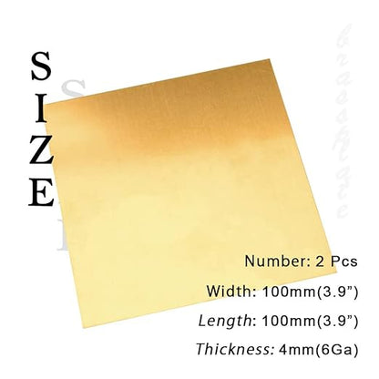 6 Gauge Brass Sheet，H62 Brass Plates Metal 0.157" Thickness x 3.9" Width x 3.9" Lenght, for Models, Crafts, Repairs, Electrical, 2Pcs