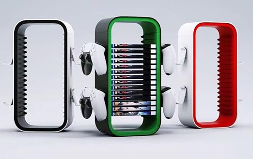 wigmoa OYO-1【15.8INCH】 game Storage Tower Compatible with PS5/ Xbox Series S & X/Switch, Universal Video Games Discs Organizers 18 PCS with 4 Controllers Holder, Game Disk Box Stand.(White/Black)