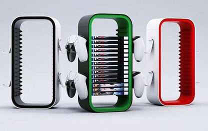 wigmoa OYO-1【15.8INCH】 game Storage Tower Compatible with PS5/ Xbox Series S & X/Switch, Universal Video Games Discs Organizers 18 PCS with 4 Controllers Holder, Game Disk Box Stand.(White/Black)