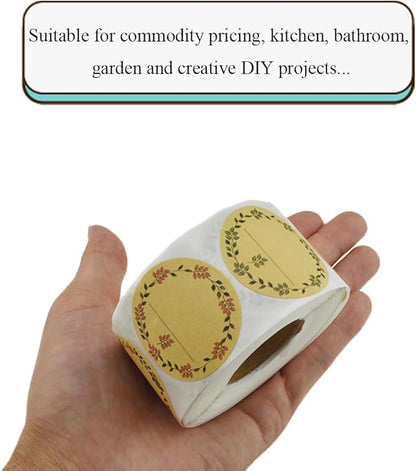 HAHIYO 1.5In 500P Round Natural Brown Kraft Stickers with Vintage Flower Design - 4 Unique Styles Blank Kraft Labels Roll to Write On Durable Dot Stickers for Jar Canning Price Tags Store Organizing
