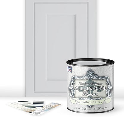 ALL-IN-ONE Paint, Durable cabinet and furniture paint. Built in primer and top coat, no sanding needed. Includes our 30 featured color card - Heathered Gray (light cool gray), Quart