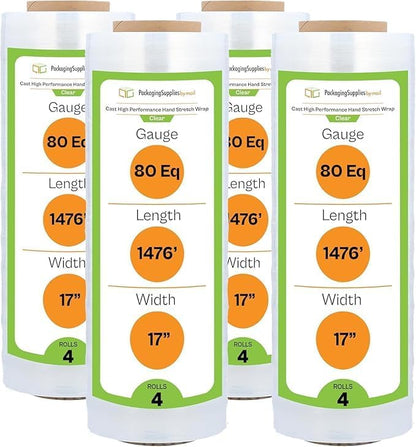 PSBM Stretch Wrap, 4 Pack, 17 Inch x 1476 Feet, 48 Gauge, Clear Plastic Cling, Cast Hand Stretch Film Rolls for Packaging Moving Packing Pallets