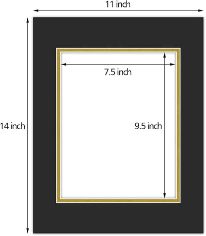 Golden State Art, 11x14 Double Mats for 8x10 - for Photos, Pictures, Frames - Acid-Free, 5 Pack, Black Over Old Gold
