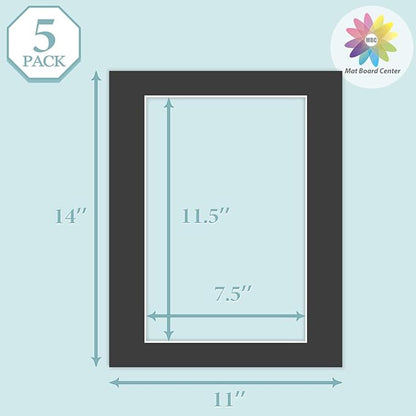 MBC Mat Board Center, 5 Pack 11X14 for 8X12 Black Picture Mats Frame Mattes, Bevel Cut, Acid Free, 4-Ply Thickness