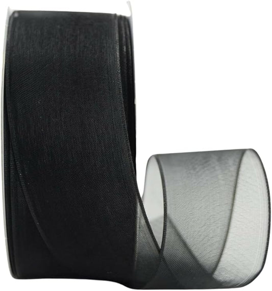 Ribbon Bazaar Sheer Organza Wired Ribbon - 100% Polyester Wire Edged Ribbon for Floral Decor, Table Arrangements, Apparel Embellishment & More - 1-1/2" Black 25yd