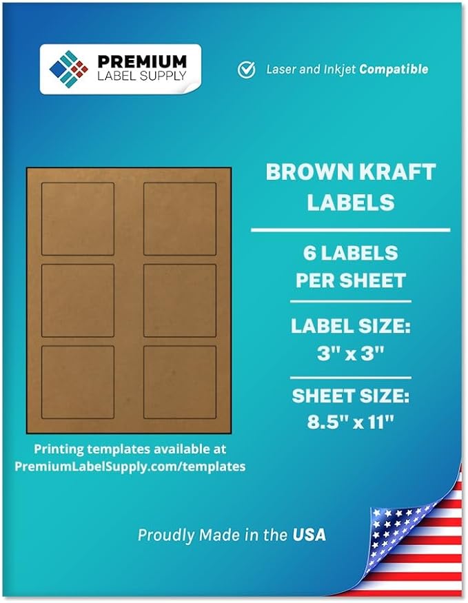 Premium Label Supply Brown Kraft Sticker Square Labels – 3" x 3" – Laser/Inkjet Compatible – (6 per Sheet), 500 Sheets – 3,000 Total Adhesive Labels
