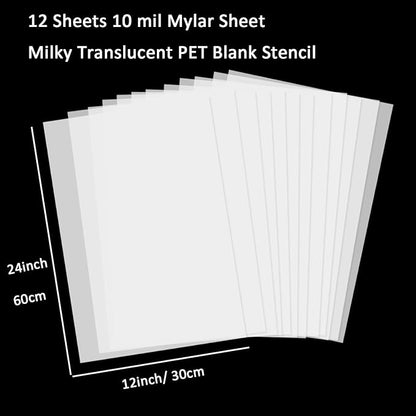 12 Pcs 10 Mil Blank Stencil Sheets 12 x 24 inch Milky Translucent PET Stencil Making Sheet Mylar Blank Template for DIY Art Craft, Cricut, Laser Cutting, Template Material