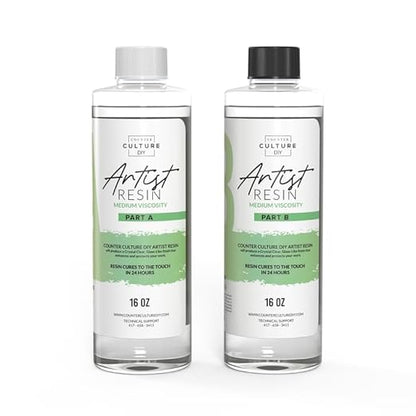 Counter Culture DIY Clear Artist Resin, Medium Viscosity, 32 oz Kit, Art Epoxy Supplies for Metallic Stains Acrylic 100% Solids Easy Coat No VOCs Scratch UV Heat Resistant to 500 Degrees