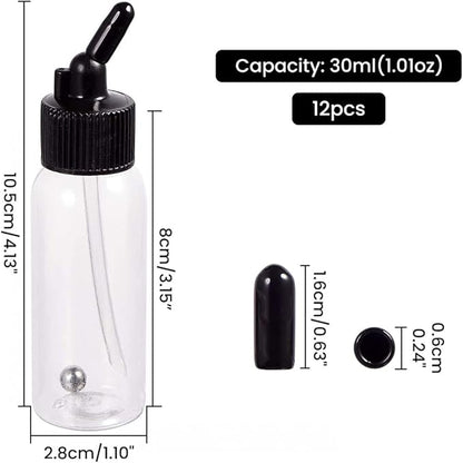 10 Pack 30ML Airbrush Plastic Bottles Jars with caps for Dual- Action Siphon Suction Feed Airbrush