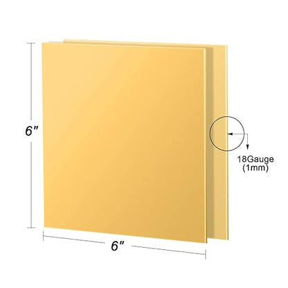 2 Pcs Brass Sheet, 6" x 6", 18 Gauge(1mm) Thickness, No Scratches, Film Attached Brass Plates