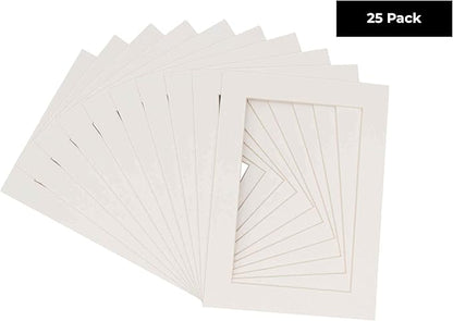 Pack of 25 Acid Free 8x10 Mats Bevel Cut for 5x8 Photos - Textured White Precut Matboards With Backing Boards and Clear Photo Mat Bags For Pictures, Photos, Framing - 4-ply Thickness