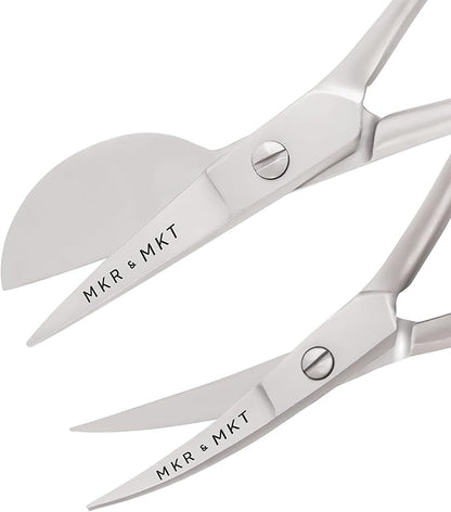 Small Embroidery 4.5 Inch Scissors Set of 2 Kit - Mini Double Bend Offset Duckbill and Double Bend Long Applique Needlepoint Blade with Pouch Sleeve (Satin)