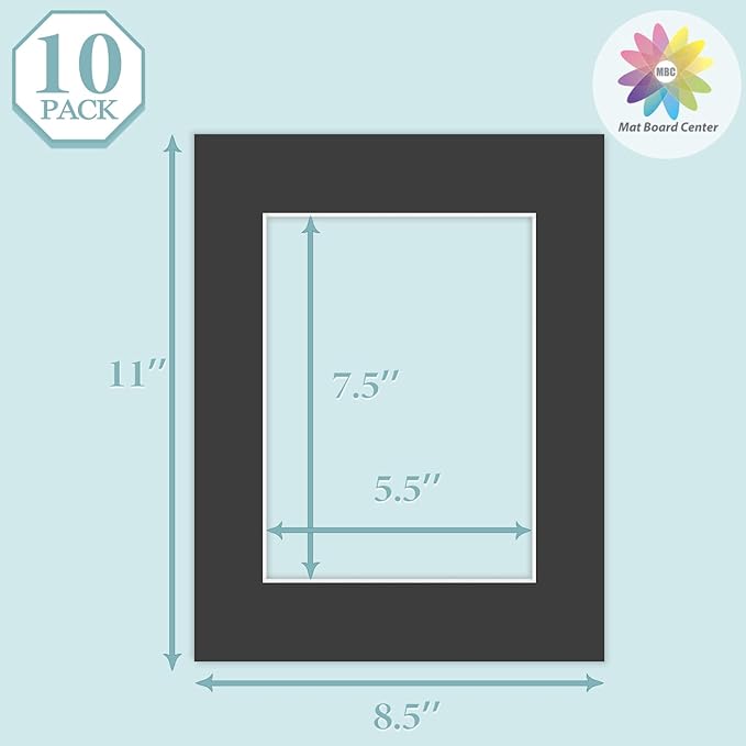 MBC MAT BOARD CENTER, 10 Pack 8.5X11 for 6X8 Black Picture Mats Frame Mattes, Bevel Cut, Acid Free, 4-Ply Thickness