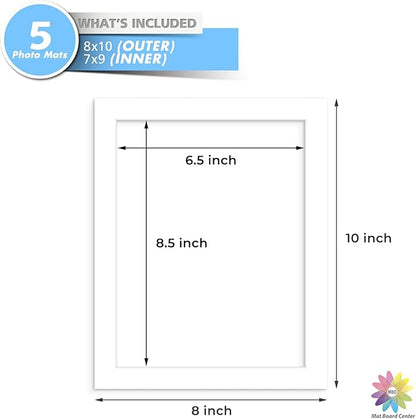 MBC Mat Board Center, 5 Pack 8x10 for 7x9 White Picture Mats Frame Mattes, Bevel Cut, Acid Free, 4-ply Thickness