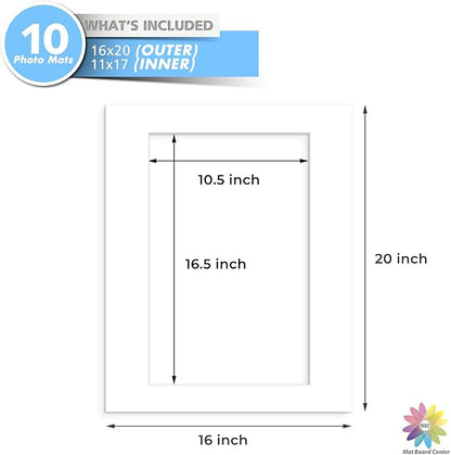 MBC MAT BOARD CENTER, 10 Pack 16x20 for 11x17 White Picture Mats Frame Mattes, Bevel Cut, Acid Free, 4-ply Thickness