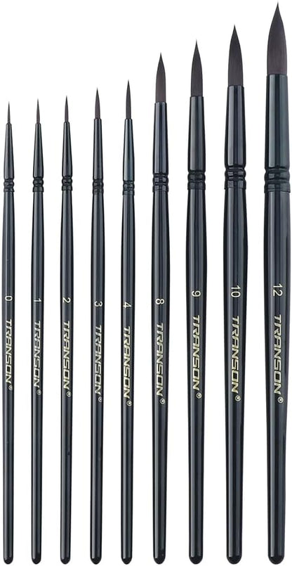 Transon Round Paint Brush Set 9pcs Synthetic Sable Hair for Acrylic Painting Watercolor Painting Gouache Ink Craft and Detail Painting Black Color
