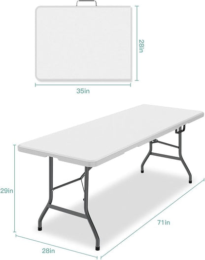 6ft Folding Table, Foldable HDPE Dining Table for Picnic, Camping, Party, Display with Carrying Handle - White