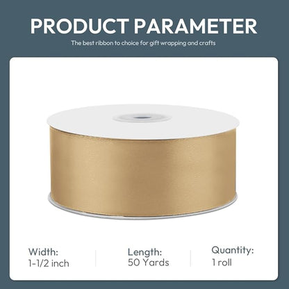 1-1/2" Wide x 50 Yards Champagne Gold Single Faced Polyester Satin Ribbon for Wedding Decor, Wreath, Crafts, Gift Wrapping & Other Projects