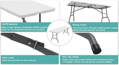 Generic 6 ft Folding Table, Portable Heavy Duty HDPE Fold-in Table, Lightweight Folding Table, Foldable Plastic Card Table for Party, Dining, Barbecue, Board Game with Carrying Handle - White