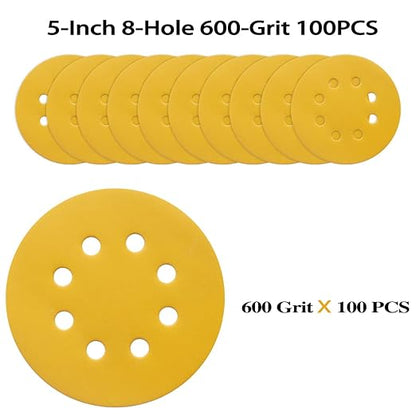 100PCS 5 Inch 8 Hole Sanding Discs 600 Grit,Gold Round Hook and Loop Sandpaper for Random Orbital Sander