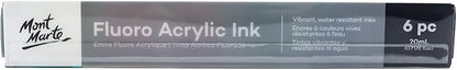 Mont Marte Acrylic Ink Premium 6pc x 20ml (0.7 US fl.oz), Acrylic Inks for Artists, Fluoro Colors, Ideal for Air Brush, Pouring Art, Scrapbooking, Ink Drawing, Mixed Media