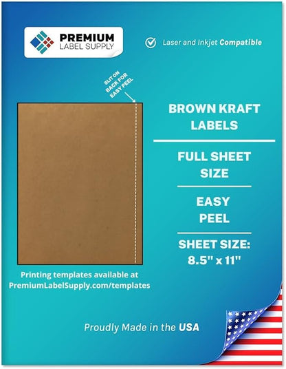 Premium Label Supply Brown Kraft Full Sheet Sticker Labels – 8.5" x 11" – Laser/Inkjet Compatible – 25 Sheets