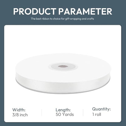 KMER LIFE 3/8" Wide x 50 Yards White Single Faced Polyester Satin Ribbon - Perfect for Wedding Decor, Wreaths, Crafts, Gift Wrapping & Other Projects