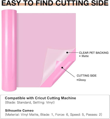 HTVRONT Pink Permanent Vinyl, 12" x 40 FT Adhesive Permanent Vinyl Roll for All Cutting Machine, Silhouette, Cameo Cutters, Signs, Scrapbooking, Craft, Die Cutters (Glossy Pink)