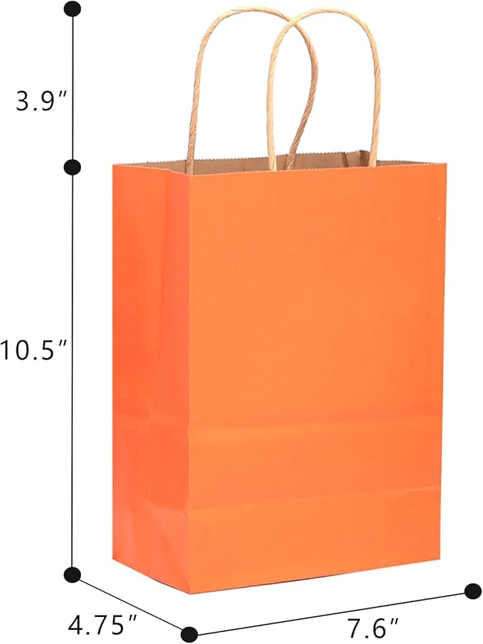 qiqee 60 pcs Kraft Bags with Handles 7.6"x4.75"x10.5" Medium Gift Paper Bag Orange Solid Color Bags