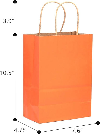 qiqee 60 pcs Kraft Bags with Handles 7.6"x4.75"x10.5" Medium Gift Paper Bag Orange Solid Color Bags