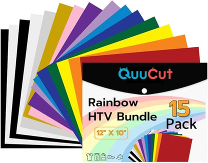 QuuCut Heat Transfer Vinyl Bundle: 15 Pack 12" x 10" Sheets, Rainbow HTV, 13 Assorted Full Matte Color Iron on Vinyl for T-Shirts, Cricut & Silhouette - Easy to Cut & Weed