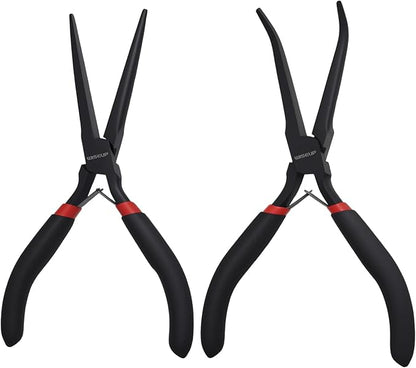 WISEUP 6" Mini Needle Nose Pliers Set，2-Piece Small Long Reach Bent Needle Nose Pliers for Jewelry DIY Craft，Repair & Wire Wrapping