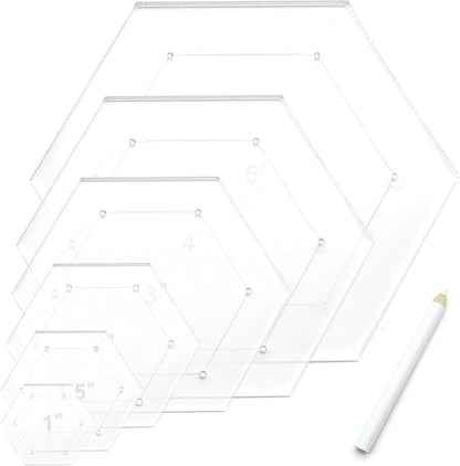 7 Pieces Hexagon Quilting Template with Tailors Chalk Pencil,Acrylic Quilting Rulers Templates with 1/4 Seam Allowance for DIY Sewing Crafts Including 1 Inch,1.5 Inch,2 Inch,3 Inch,4 Inch,5 Inch