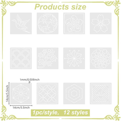FREEBLOSS Sashiko Embroidery Stencils Sashiko PET Stencil Flowers Embroidery Patterns Stencils for Drawing Sashiko Template for Hand Quilting and Embroidery 14x14cm