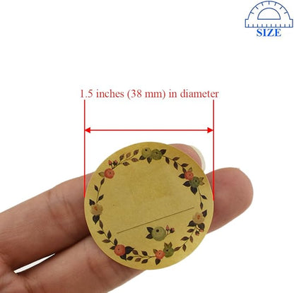 HAHIYO 1.5In 500P Round Natural Brown Kraft Stickers with Vintage Flower Design - 4 Unique Styles Blank Kraft Labels Roll to Write On Durable Dot Stickers for Jar Canning Price Tags Store Organizing