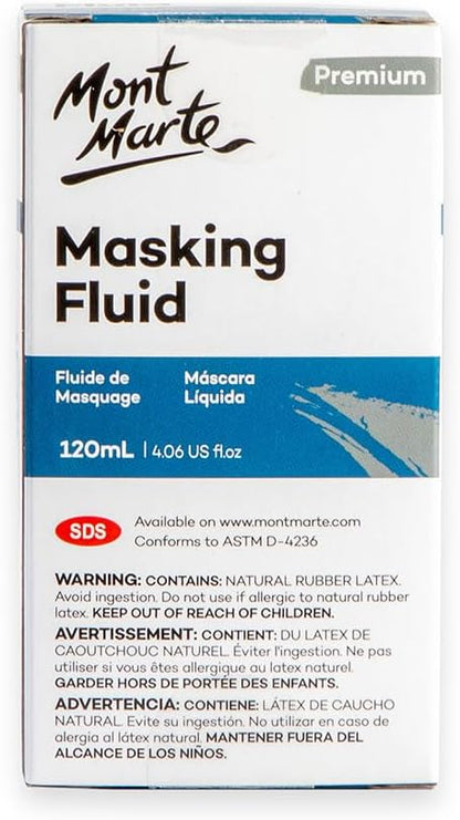 Mont Marte Masking Fluid Premium 120ml (4.06 US fl.oz), Masking Fluid for Watercolor Painting, Keeps Areas Free of Color And Edges Crisp, Resists Watercolor, Ink and Pouring Paint