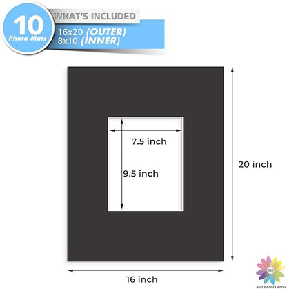 MBC MAT BOARD CENTER, 10 Pack 16x20 for 8x10 Black Picture Mats Frame Mattes, Bevel Cut, Acid Free, 4-ply Thickness