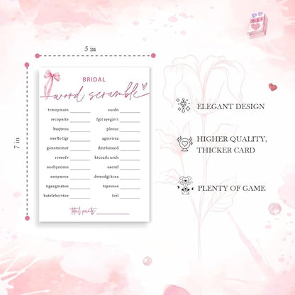 Bridal Shower Games Cards, Bridal Word Scramble, 25 Cards with 1 Answer Card, Engagement Party Games for Guests, Pink Ribbon Bow Wedding Party Supplies - E14